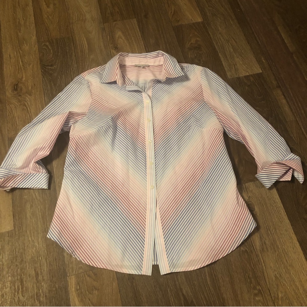Hinson Wu blue and purple chevron stripped button up blouse size 14
